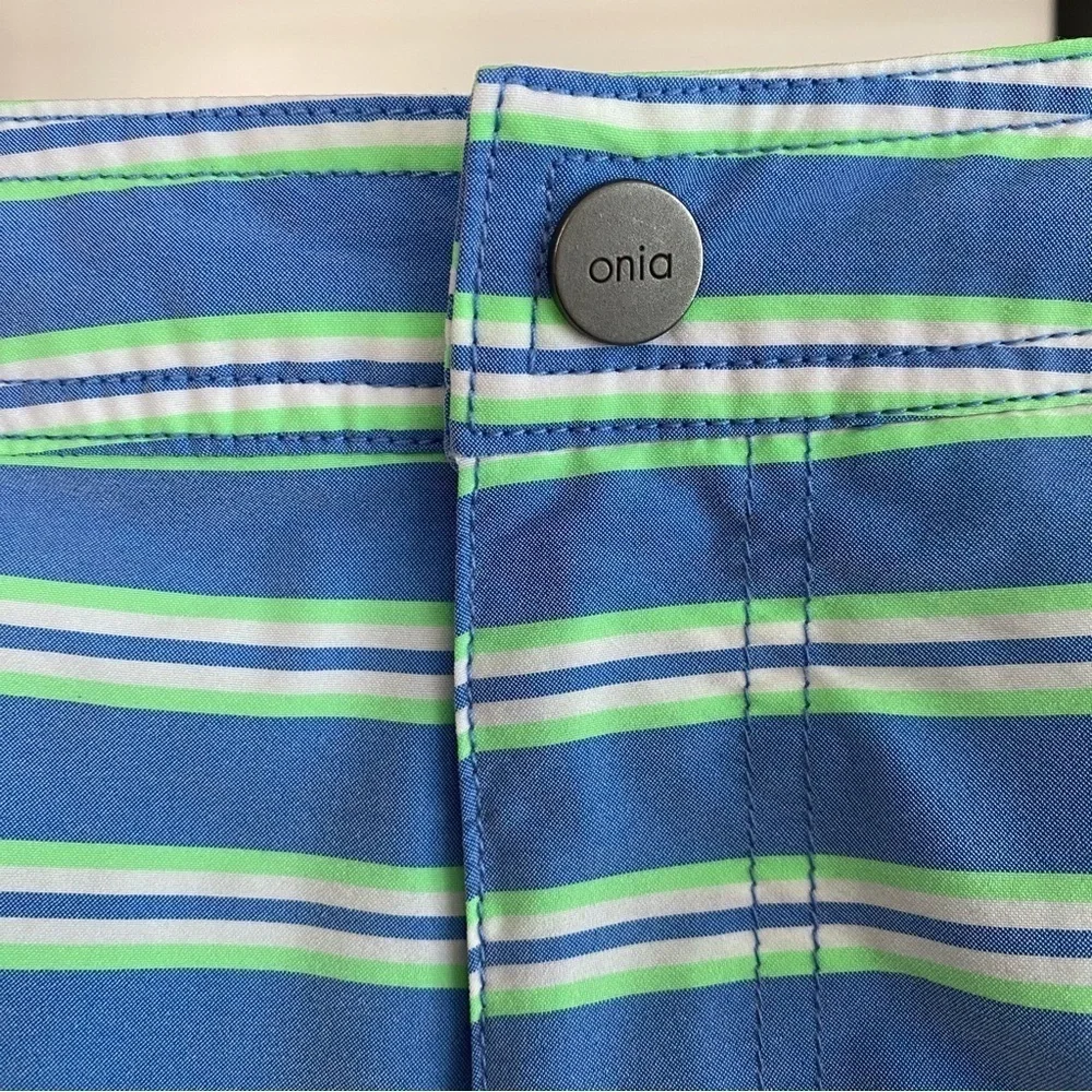 Onia Blue Green White Stripe The Calder Swim Shorts Trunks Small